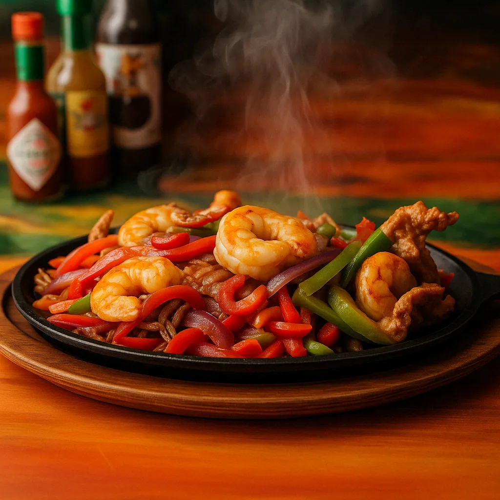 Sizzling Fajitas Vallarta’s at Vallarta’s Wesley Chapel with shrimp, steak, chicken, bell peppers, and onions on a cast-iron skillet