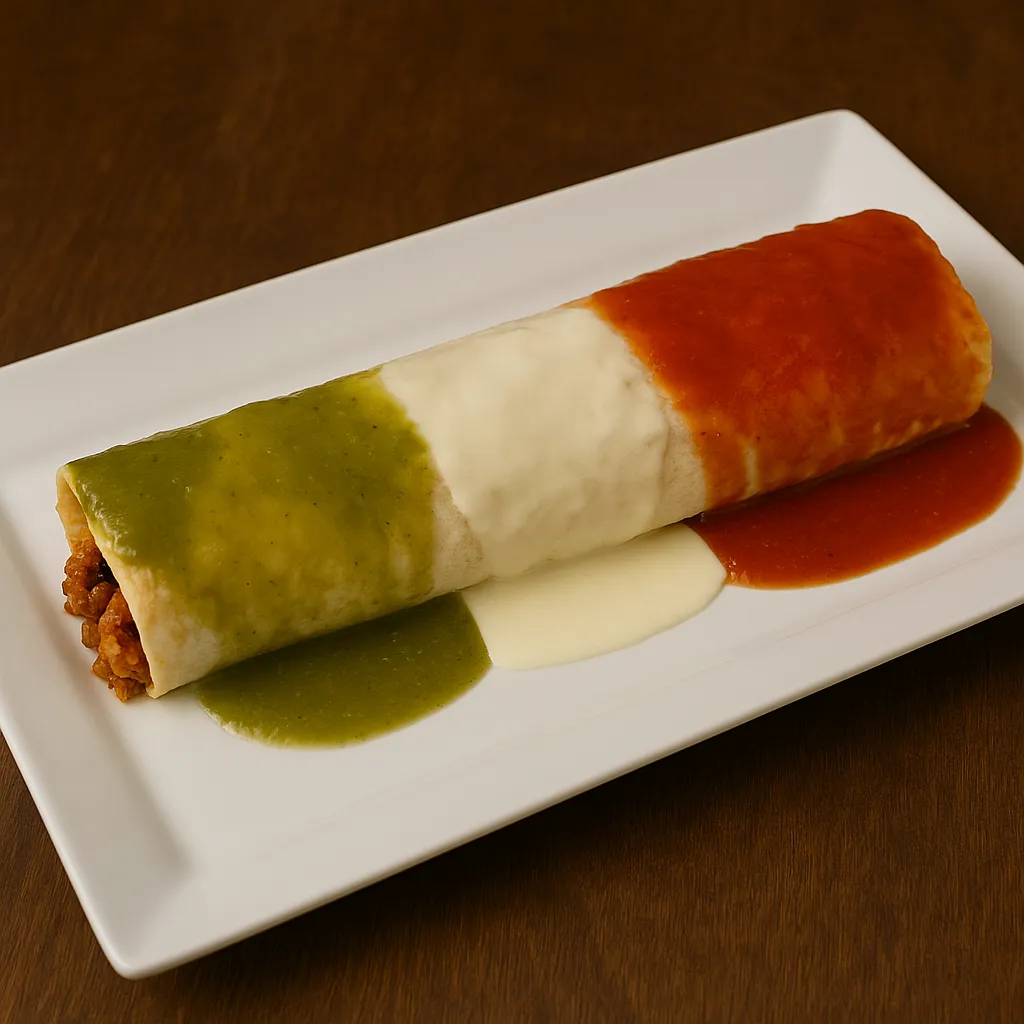 Burrito Bandera at Vallarta’s Wesley Chapel filled with steak, chicken, and chorizo, topped with green salsa, cheese sauce, and red salsa on a white plate styled like the Mexican flag