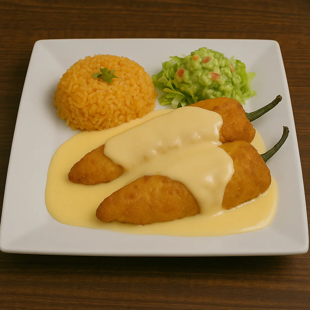 Stuffed chile poblanos at Vallarta’s Wesley Chapel topped with sauce and cheese, served with Mexican rice and refried beans