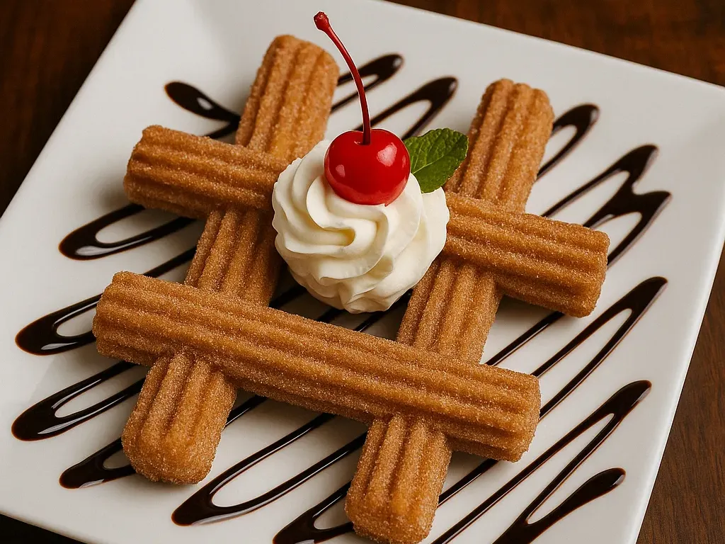 Cinnamon sugar churros at Vallarta’s Wesley Chapel arranged with whipped cream, cherry, mint leaf, and chocolate drizzle on a white plate