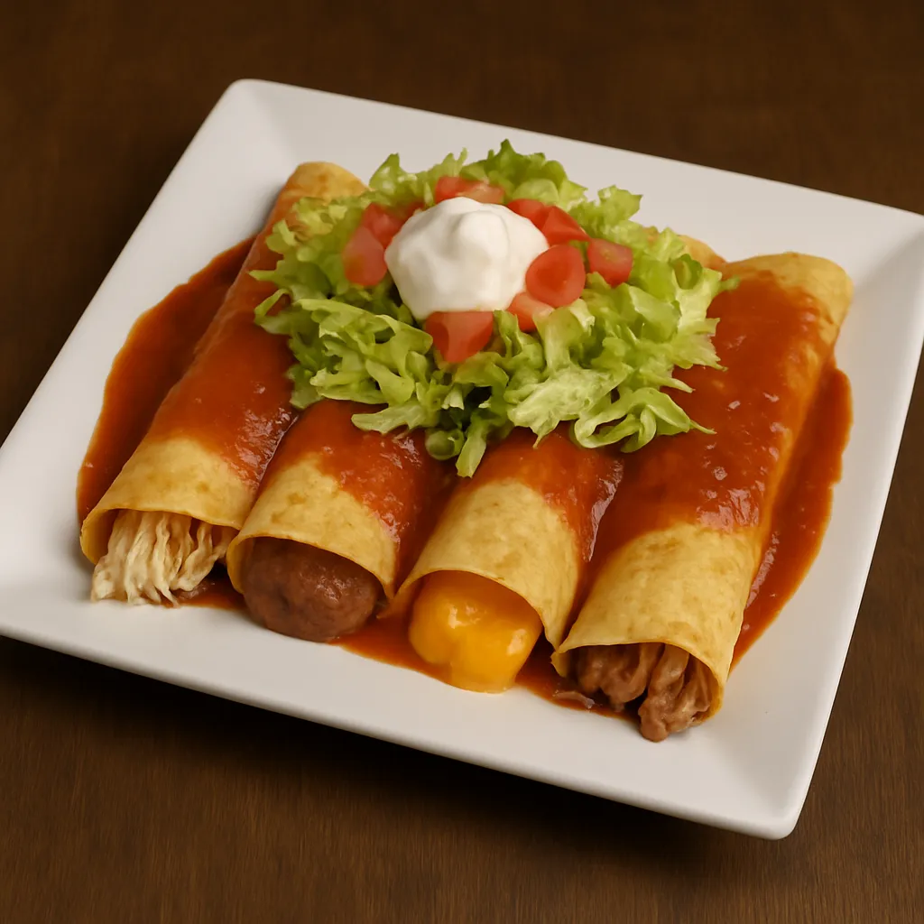 Enchiladas Supreme at Vallarta’s Wesley Chapel with chicken, beans, cheese, and beef in corn tortillas, topped with ranchero sauce, lettuce, tomatoes, and sour cream on a white plate
