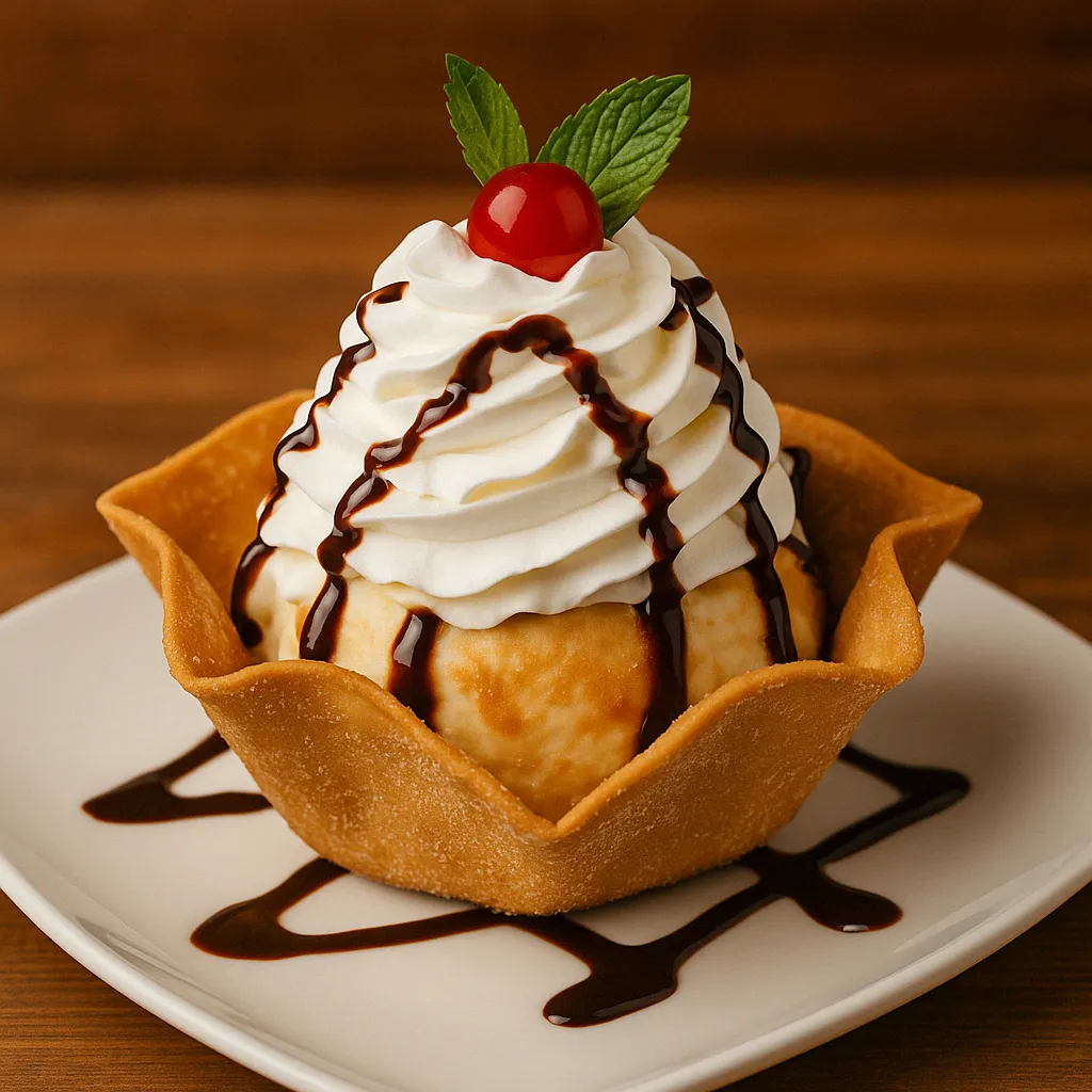 Fried ice cream at Vallarta’s Wesley Chapel served in a crispy tortilla bowl with whipped cream, chocolate drizzle, cherry, and mint on a white plate