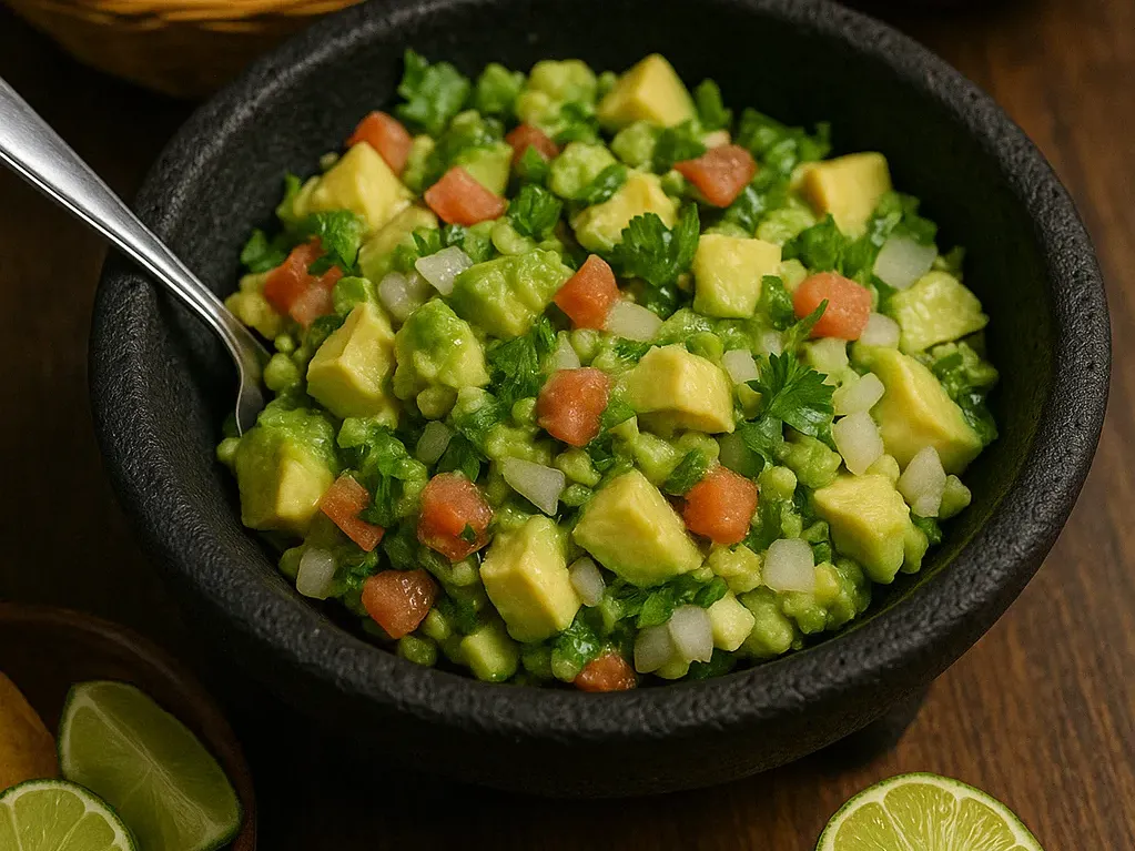 Fresh guacamole at Vallarta’s Wesley Chapel, served in a stone molcajete with avocado, tomato, onion, cilantro, chips, and salsa