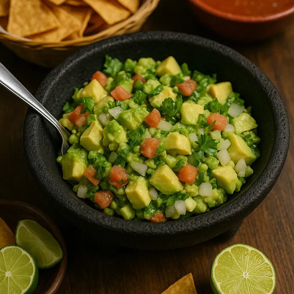Fresh guacamole at Vallarta’s Wesley Chapel, served in a stone molcajete with avocado, tomato, onion, cilantro, chips, and salsa