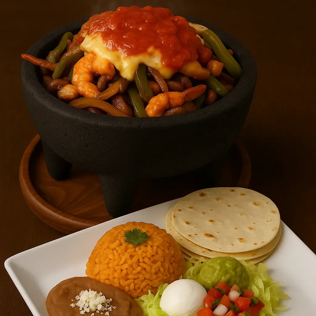 Molcajete at Vallarta’s Wesley Chapel served in a stone bowl with steak, chicken, shrimp, peppers, onions, cheese, and ranchero sauce, with rice, beans, tortillas, and fresh toppings on the side