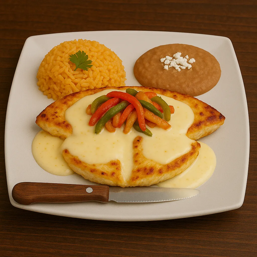 Pollo Loco at Vallarta’s Wesley Chapel with grilled chicken, sautéed peppers, onions, tomatoes, white cheese sauce, Mexican rice, and refried beans