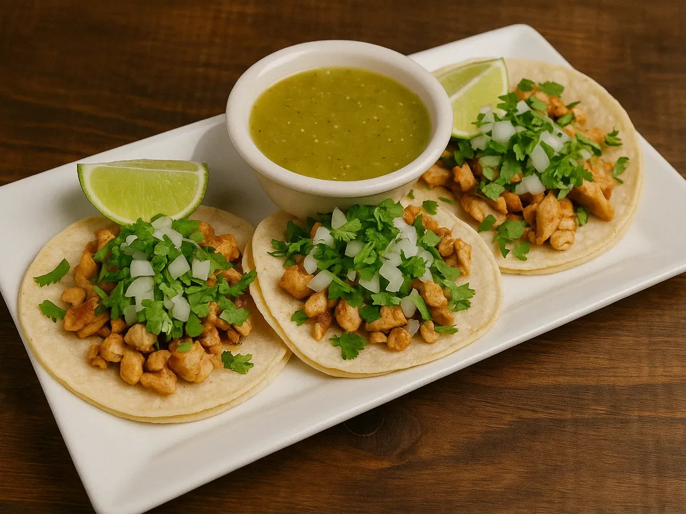 Grilled chicken street tacos at Vallarta’s Wesley Chapel on corn tortillas with cilantro, onions, lime wedges, and salsa verde