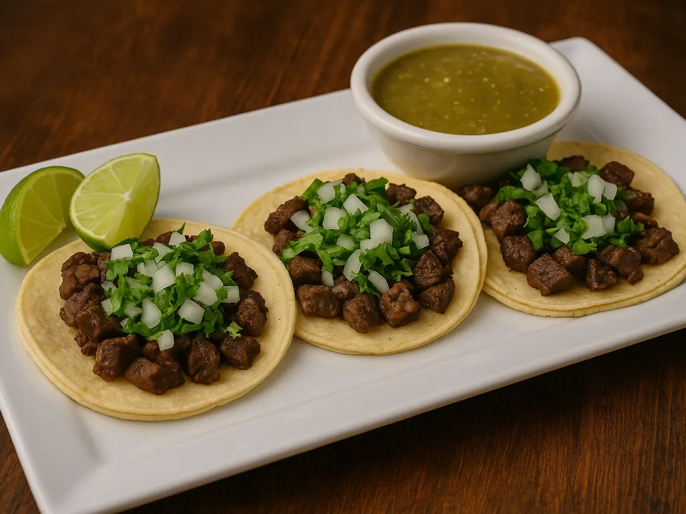 Steak street tacos at Vallarta’s Wesley Chapel on corn tortillas with cilantro, onions, lime wedges, and salsa verde