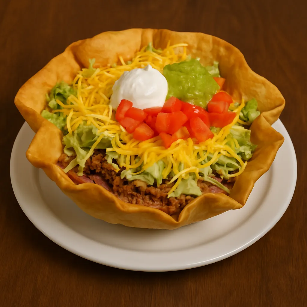 Taco salad at Vallarta’s Wesley Chapel served in a crispy tortilla shell with ground beef, beans, lettuce, tomatoes, cheese, sour cream, and guacamole on a white plate
